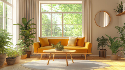 Bright room with yellow sofa and plants - A cheerful living space with a yellow sofa, large windows, potted plants, wooden accents, and natural light illuminating the room.
