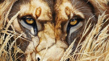 A close-up of a liona??s eyes as it rests in the tall grass, its gaze intense and focused.