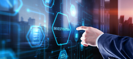 Investigation Business concept. Man presses investigations button on a virtual screen