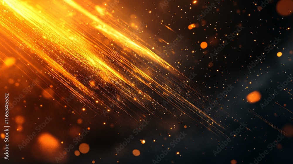 Poster Golden particles flowing on dark background with bokeh effect