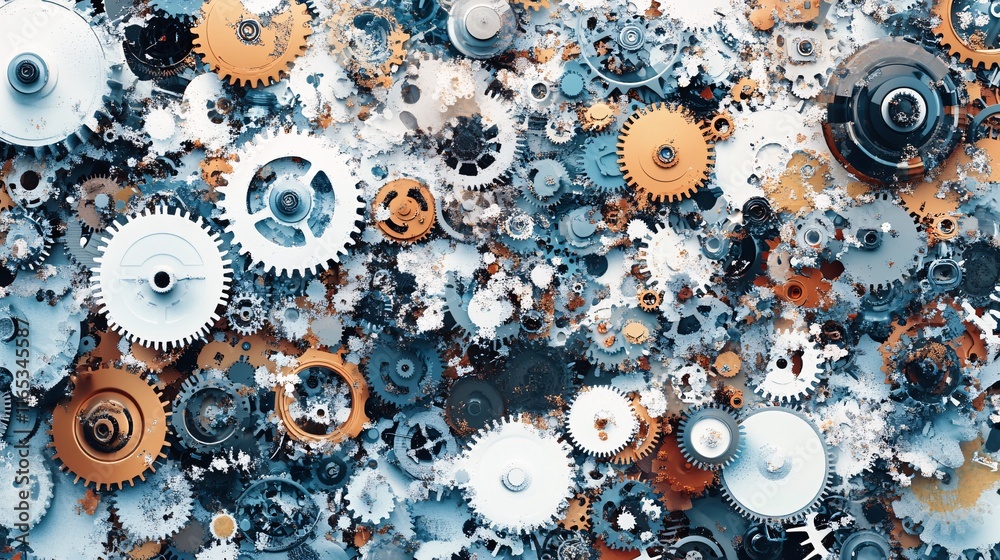 Aufkleber many interlocking gears rotating together forming complex mechanism