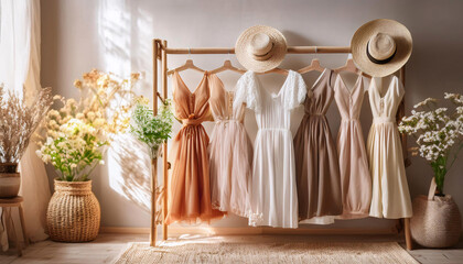 A wooden clothing rack displays a collection of flowing dresses in soft earth tones, complemented by straw hats. The airy fabrics create a dreamy, bohemian lifestyle vibe, enhancing any serene space