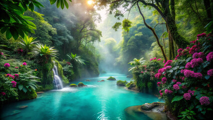 serene rainforest scene with vibrant flowers and tranquil river