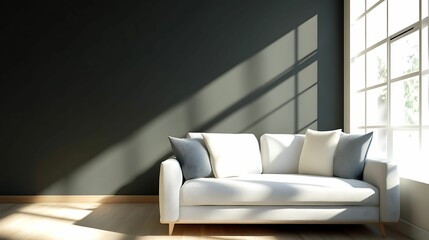A Minimalist living room. A minimalist living room featuring a stylish white sofa with cushions, illuminated by natural light streaming through a large window.