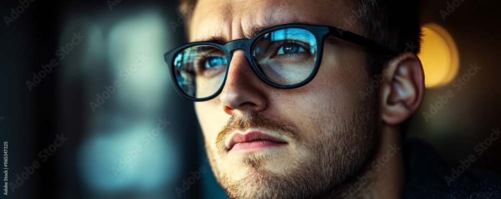 Poster focused businessman working late and looking at computer screen