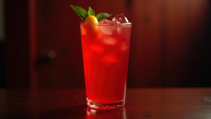 Naklejka premium A rich, crimson cocktail glows in a dark wooden setting, garnished with a vibrant orange slice and surrounded by icy chill