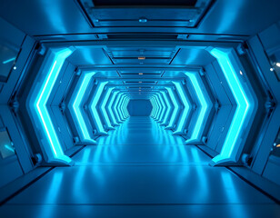 Futuristic corridor with glowing blue arrow-shaped lights creating a tunnel effect