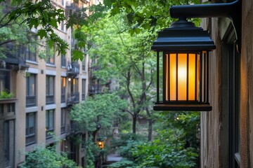 Illuminated exterior wall lantern lights up a narrow city street at dusk.