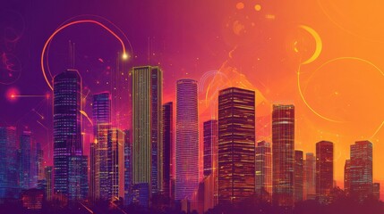 Naklejka premium Stylized skyline with vibrant neon signs glowing on a retro gradient