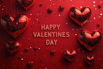 alentine's Day greeting card with red and black hearts on a glittery red background