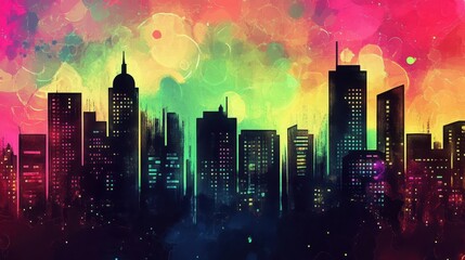 Dynamic city skyline with bold outlines and glowing neon signs