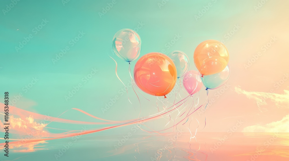 Canvas Prints retro balloons with ribbons float against a glowing soft-focus sky