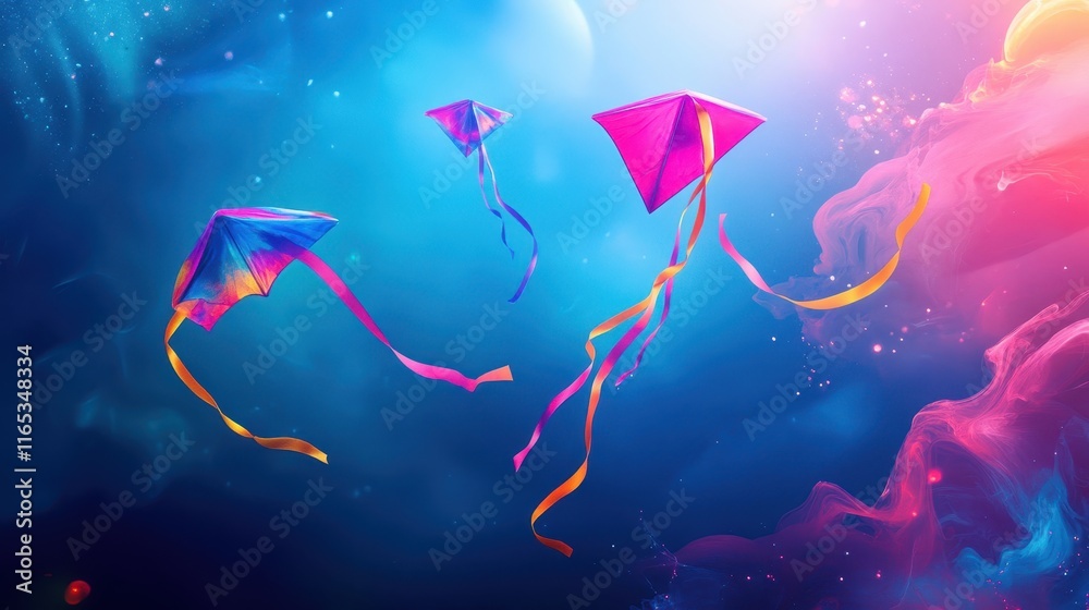 Wall mural dynamic kites with ribbons glow in a retro magenta-blue sky