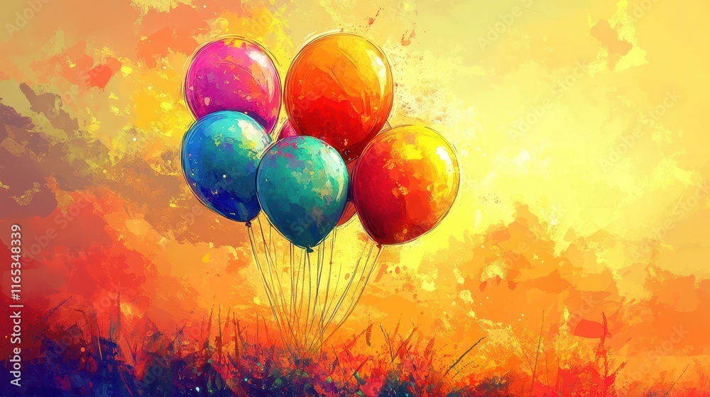 Canvas Prints playful balloons hover on a gradient sky with glowing liquid effects