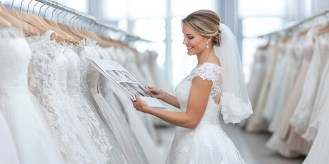 Wedding Couple Getting Ready concept, A bride browses wedding dresses in a boutique, holding a lace fabric swatch, surrounded by elegant gowns on display.