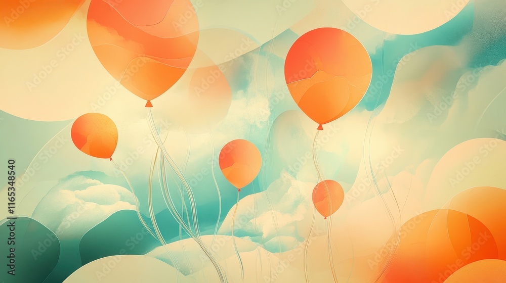 Wall mural dynamic balloons hover in a glowing orange-teal gradient sky