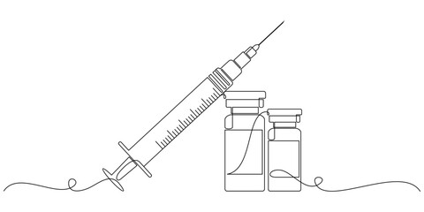 Syringe with vaccine bottle in line art style, vector illustration.