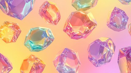 Dynamic gems hover in a vibrant yellow-lavender retro gradient