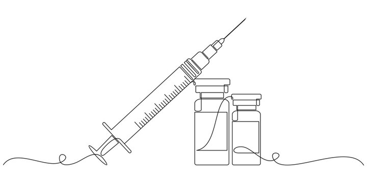 Syringe with vaccine bottle in line art style, vector illustration.