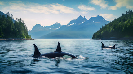 Naklejka premium Stunning Display of Orcas in Majestic Fjord Landscape: An Exquisite Exhibition of Nature's Unspoiled Beauty and Wildlife Harmony
