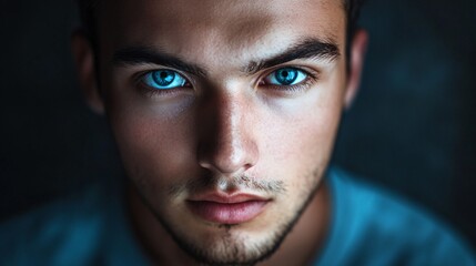 Obraz premium Portrait of young man showing intense gaze with bright blue eyes