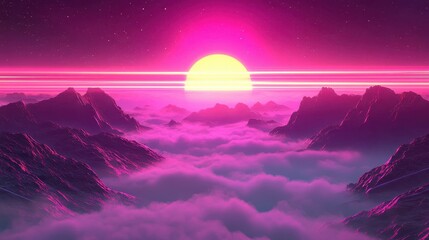 Obraz premium Dynamic neon beams glow softly in a vibrant purple-pink gradient sky