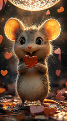 Adorable Cute Baby Mouse with Heart Balloons in Dreamy Sweet Love Valentine Greetings Animal
