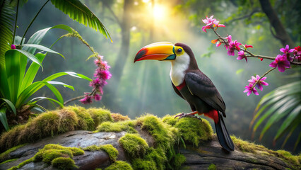 Fototapeta premium vibrant toucan perched on mossy log surrounded by lush greenery and flowers