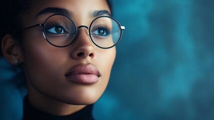 Fototapeta premium Young woman wearing stylish round glasses is thinking and looking upwards