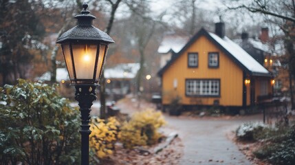 Illuminated lamppost near snowy house.
