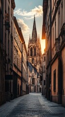 St. Elisabeth Church rising above Erfurt cityscape at sunset