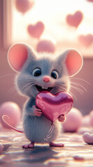 Fototapeta premium Adorable Cute Baby Mouse with Heart Balloons in Dreamy Sweet Love Valentine Greetings Animal