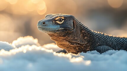 Fototapeta premium A small Komodo dragon, with textured scales, resting peacefully in the snow. Its calm expression and the sunlight gently glowing on its skin create a serene and healing moment.