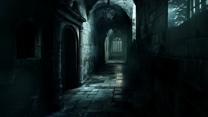 Obraz premium Mysterious dark figures are gliding down a dimly lit corridor of an ancient castle, illuminated by a chandelier, creating a spooky and eerie atmosphere. concept ghosts in the castle