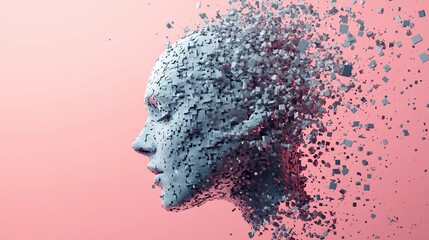 A fragmented human face dissolving into cubes against a pink background.