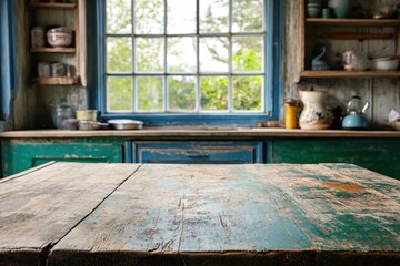 Rustic Kitchen Table with Blue Window Overlooking Greenery in Vintage Setting