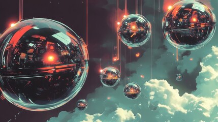 Chrome objects float dynamically in glass spheres on a vibrant gradient