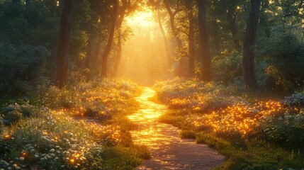 Obraz premium Sunlight streams through a pathway lined with flowers in a misty forest.