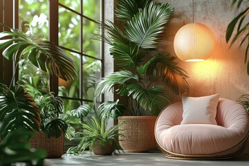 Fototapeta premium Serene Room Decor With Lush Plants and Modern Chair