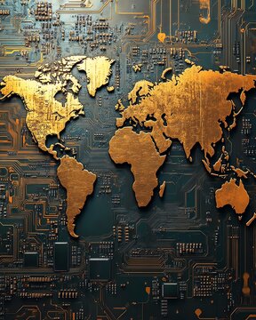 Abstract digital art of a gold world map on a microchip circuit board, highlighting the connection between global expansion and technological evolution