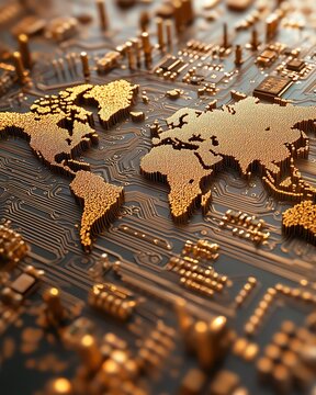 Abstract digital art of a gold world map on a microchip circuit board, highlighting the connection between global expansion and technological evolution