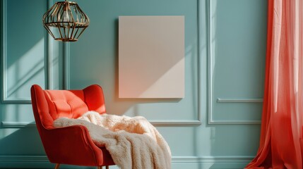 Blank billboard with fluffy blanket and armchair on blue wall under warm light
