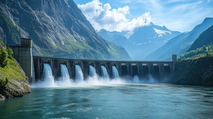 A towering hydroelectric dam set against a rugged mountain landscape, water cascading down