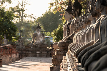 Beautiful ancient Buddha statues lined up at Wat Yai Chai Mongkhon, Ayutthaya.