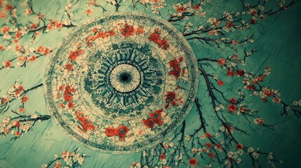 Fototapeta premium A beautiful floral ceiling art with branches and blossoms showcasing intricate patterns and vibrant colors for interior design.