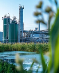 Obraz premium Algae farm with large biofuel extraction facilities in the background, emphasizing ecofriendly energy solutions through algaebased biofuel production