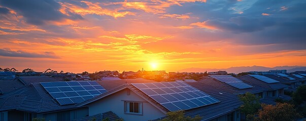 City residential rooftops equipped with solar panels, bathed in the golden light of sunset, symbolizing the growing shift to sustainable energy in urban areas