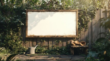 Gardening decor frames blank sign on rustic wooden fence under trees