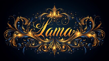 Elegant gold and blue ornate calligraphy name "Lama" design.