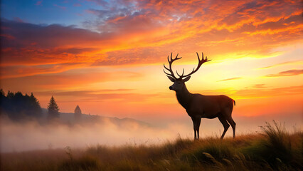 lone stag silhouetted against vibrant summer sunset sky